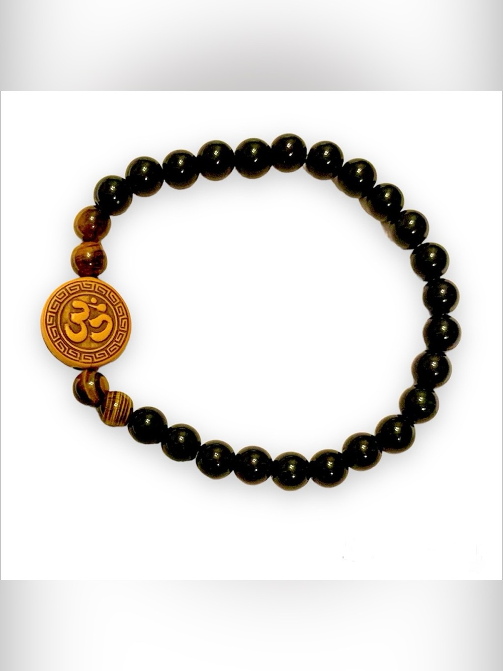 Black Beaded OM Stretch Bracelet with Brown Accent Beads